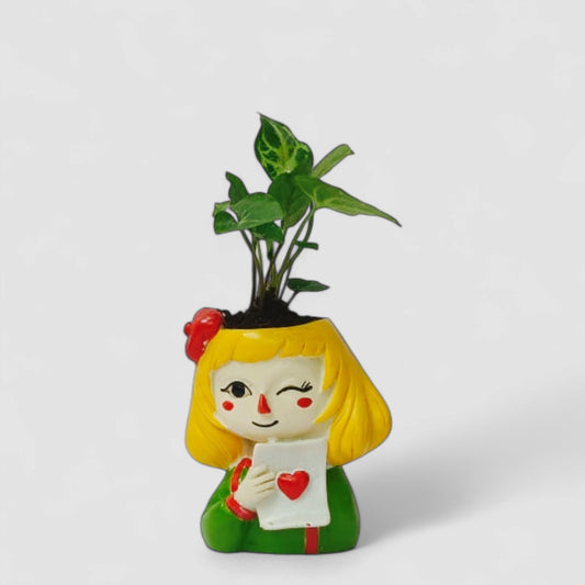 Cute Female Resin Doll Planter with Green Syngonium Plant - ONPD010