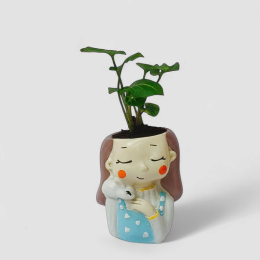 Cute Female with Rabbit Resin Doll Planter with Green Syngonium Plant - ONPD008