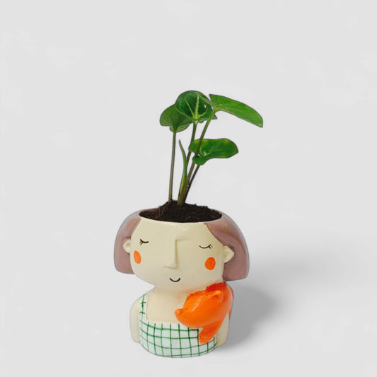 Cute Female with Dog Hugging Resin Doll Planter with Green Syngonium Plant - ONPD007