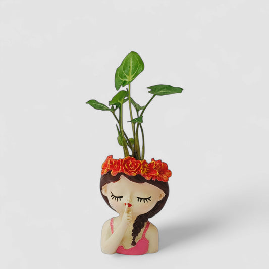 Cute Female Finger on Your Lips Resin Doll Planter with Green Syngonium Plant - ONPD011