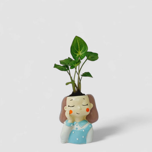 Cute Female Thinking Resin Doll Planter with Green Syngonium Plant - ONPD013