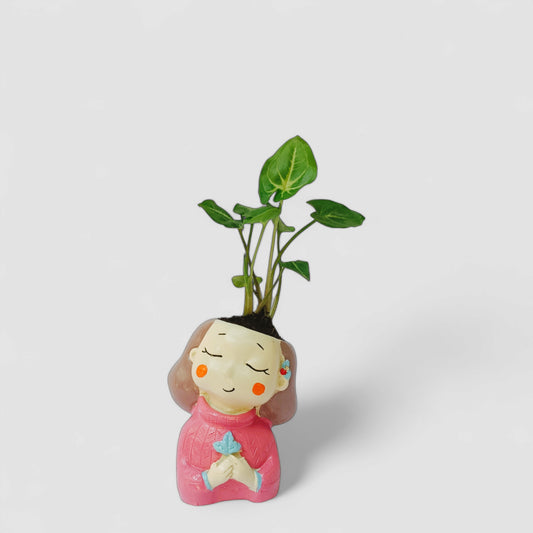 Cute Female with Pink Dress Resin Doll Planter with Green Syngonium Plant - ONPD012